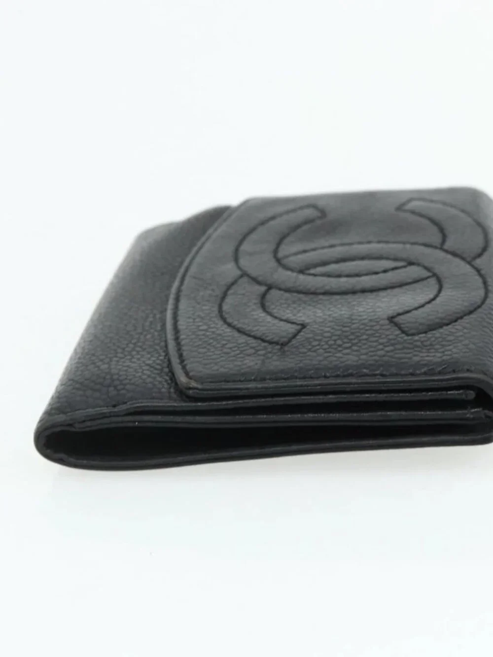 CHANEL Bifold Wallet Grained Calf Skin Black Gold CC Auth bs34761
